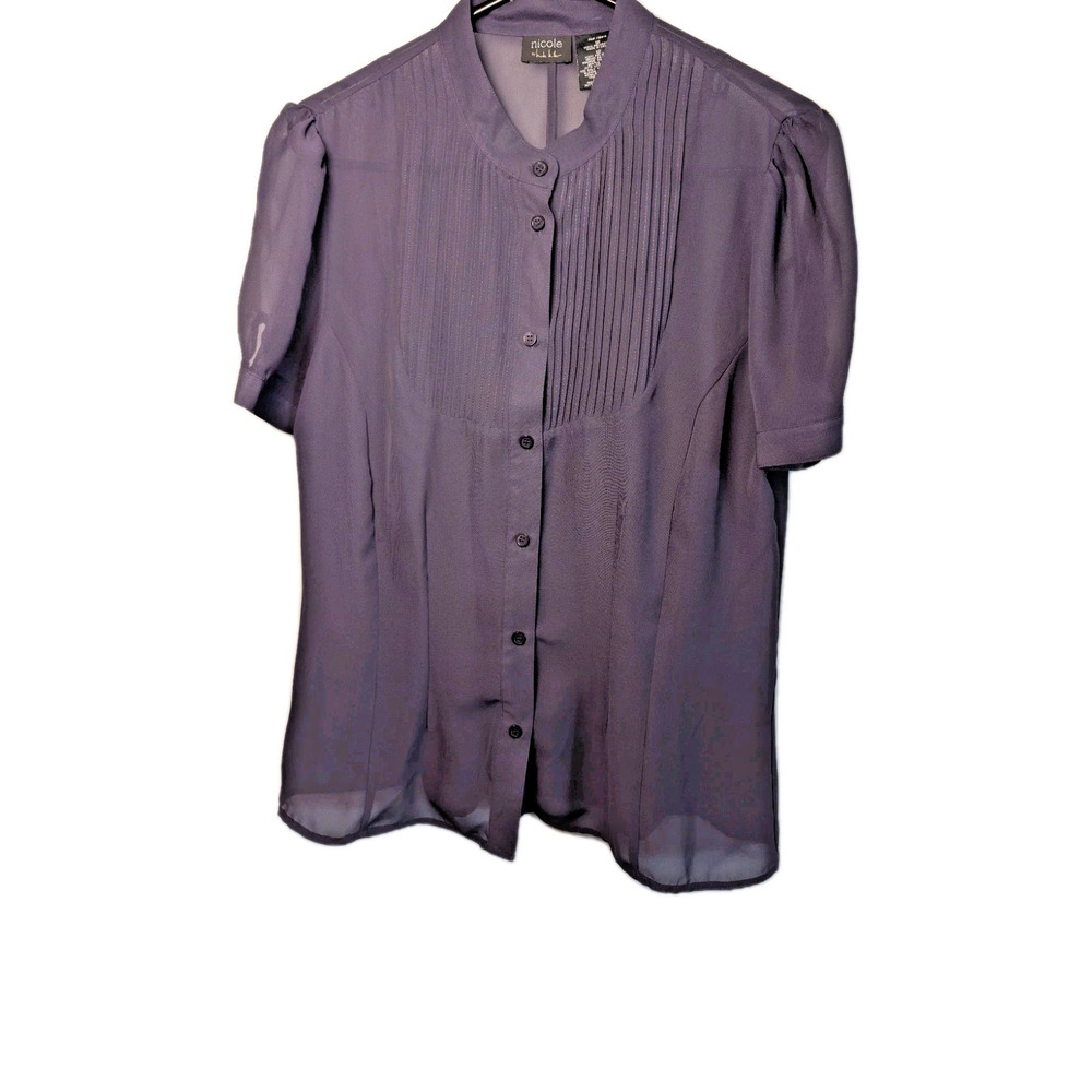 Nicole Miller Shirt Blouse Purple Pleated Short Sleeve Sheer Top Women's Size 12